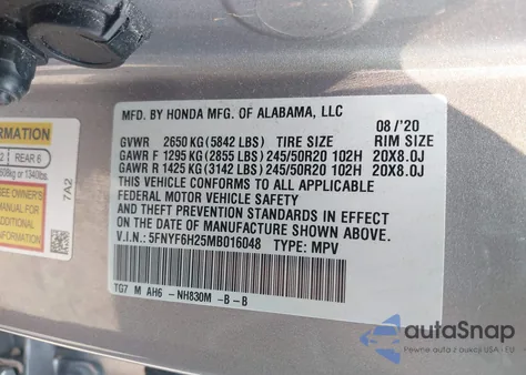 2021 Honda Pilot Awd Special Edition из США, поврежденный, VIN 5FNYF6H25MB016048